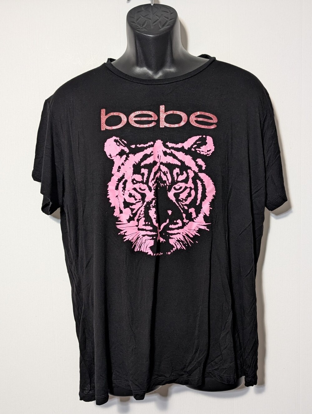 Women's Bebe Plus Size 3X Black T-Shirt Pink Tiger Graphic Rayon Blend